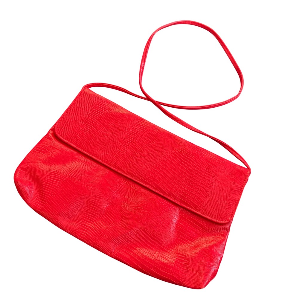 Vintage Red Faux Lizard Skin Crossbody Bag Magnetic Flap‎ Closure Slim Strap